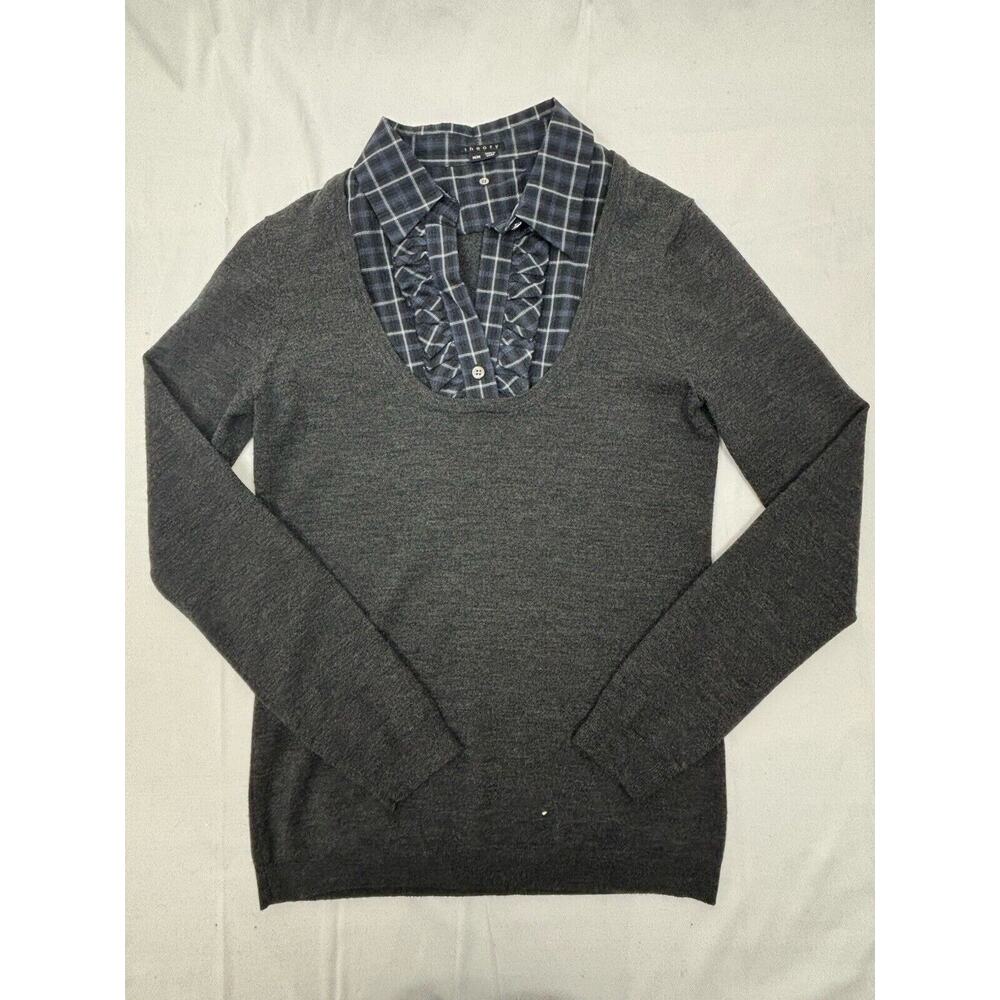 Theory Sweater Women's Medium Black Blue Plaid Ruffle Attached Shirt Collar Wool - Picture 4 of 13